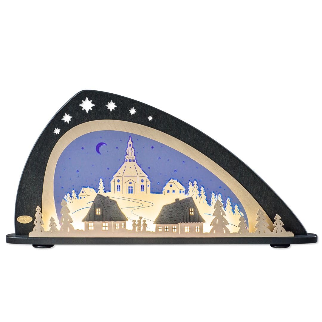 weigla - Schwibbogen original Erzgebirge I Motiv Seiffen I LED-Lichterbogen Weihnachten I Größe 66 x 33,8 x 6 cm I Inklusive Beleuchtung I beleuchtete Weihnachtsdeko innen I aus Holz