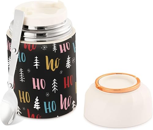 Tarro de comida de árbol Hohoho de Navidad con cuchara de acero inoxidable aislado al vacío, contenedor de alimentos de 17 onzas para sopa termo