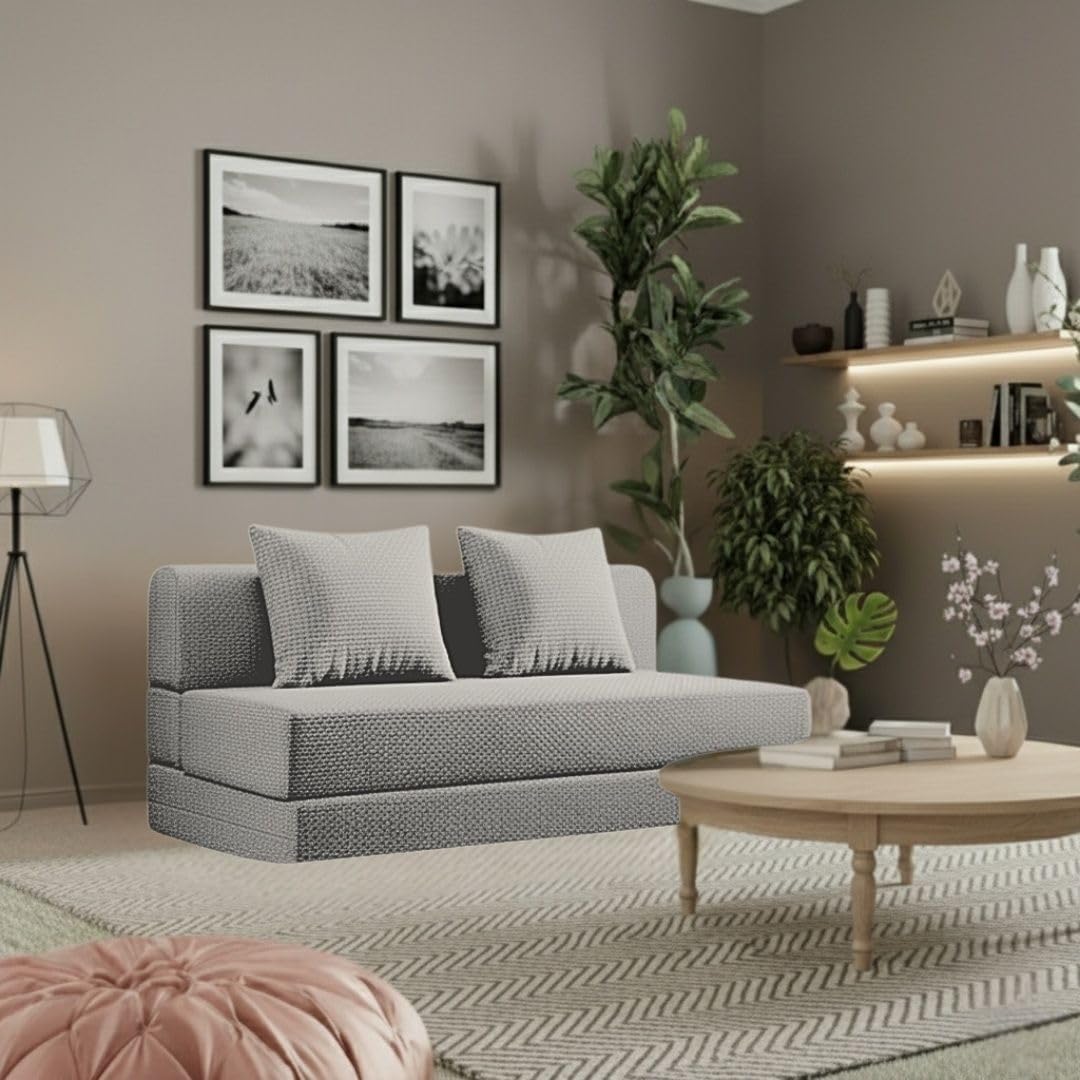 Foldable Sofa Cum Bed 4 X 6 Ft, 2 Seater Convertible SofaCumaBed with 2 Pillow, Jute Fabric Washable Cover, Sofa Cum Bed for Living Room & Guests, 1 Year Warranty – Light Grey