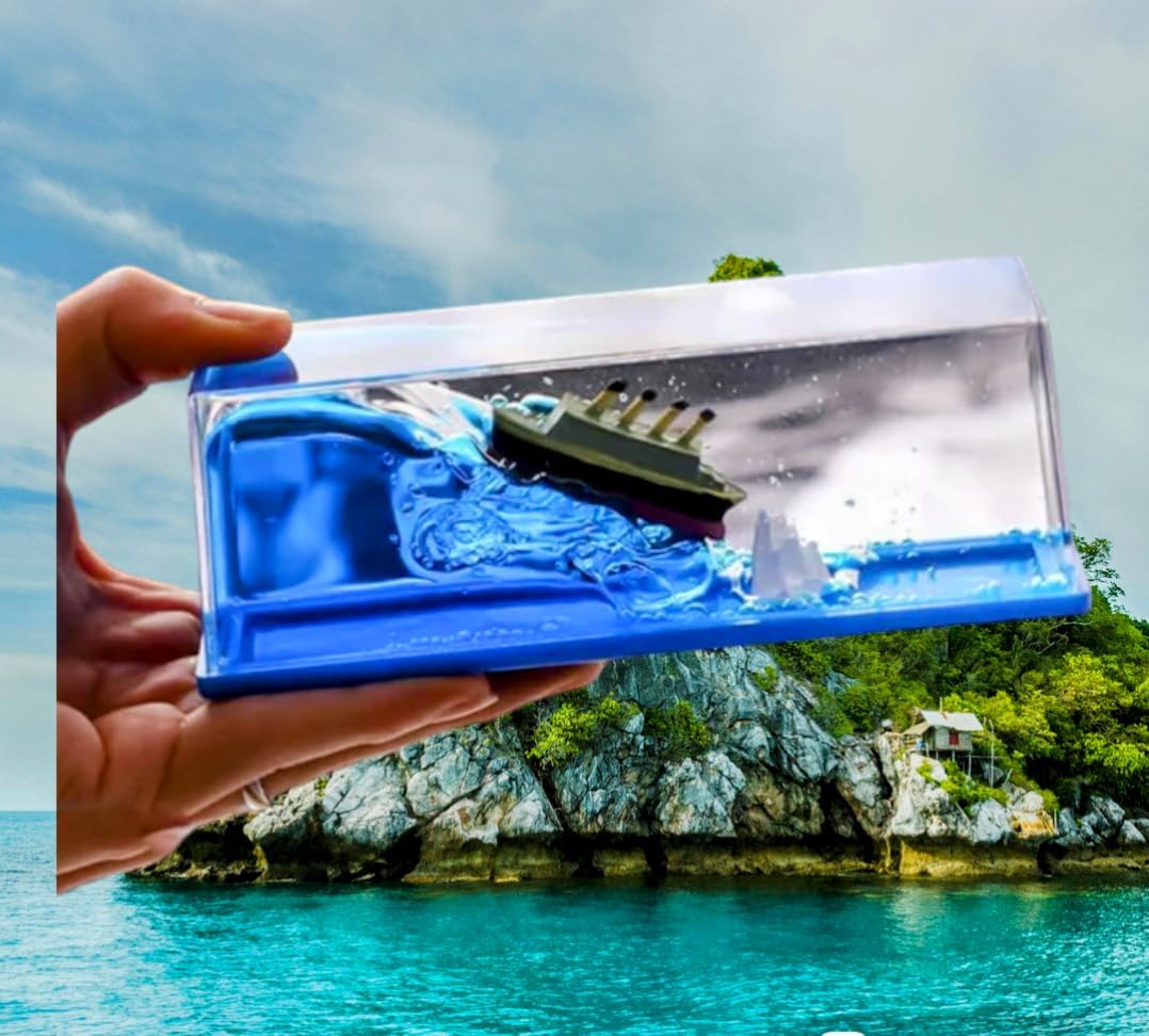 XIBO Titanic Wave Cruise Ship Decoration Unsinkable Titanic Model in a Clear Motion Bottle for Stress Relief, Office or Home, Gift & Paperweight - Soothing Blue Liquid with Floating Ship Design. 3