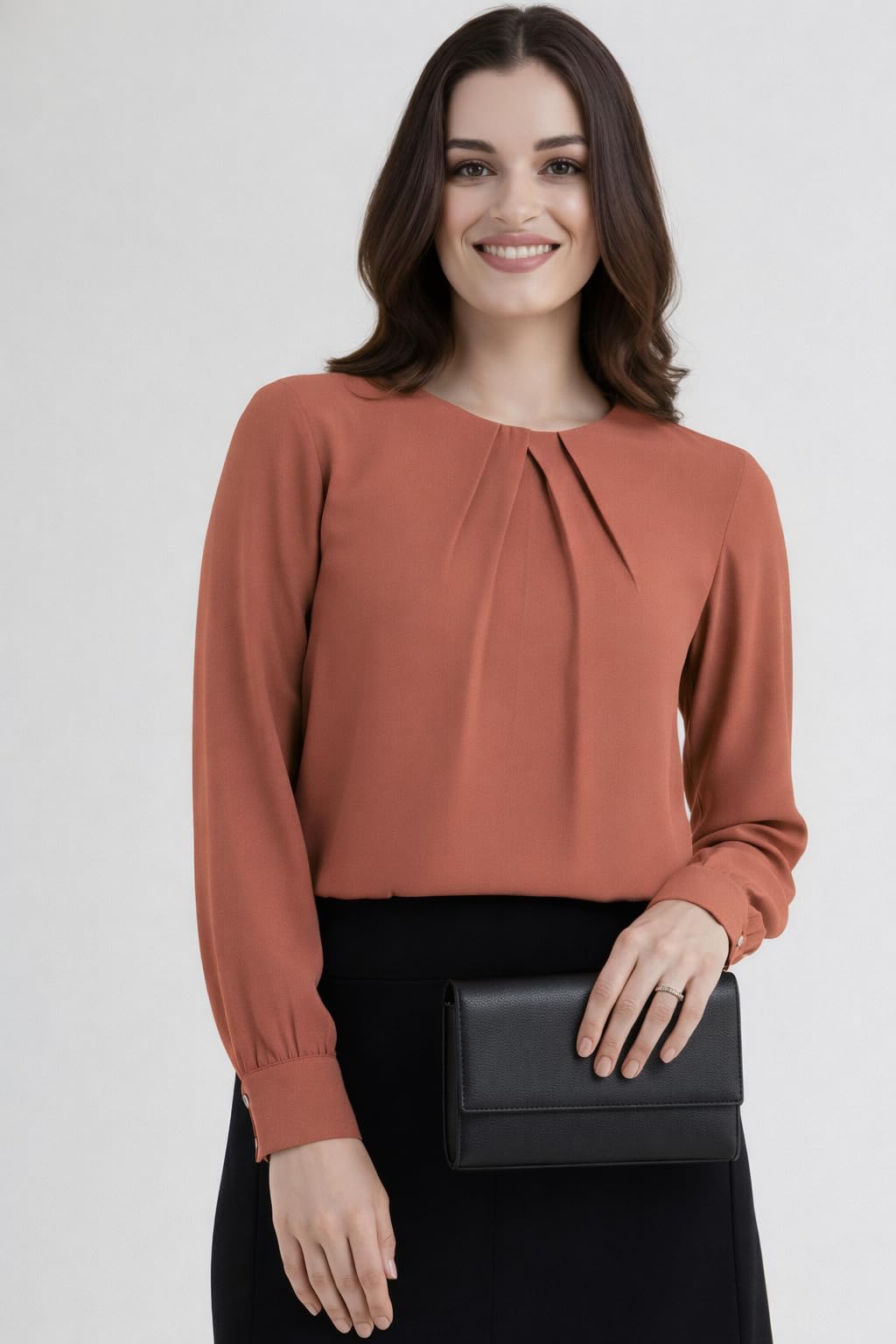 Mirana Women’s Elegant Rust Pink Cotton Blend Pleated Top | Full Sleeve Regular Fit Western Office Wear - Image 6 thumbnail