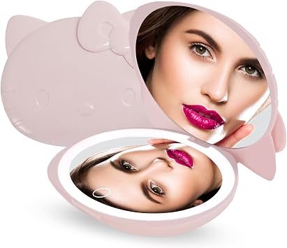 Impressions Vanity Hello Kitty Kawaii Compact Mirror with Touch Sensor Switch for Adjustable Brightness, Lighted Makeup Mirror with LED Lights and 2X Magnifying Mirror Matte Pink