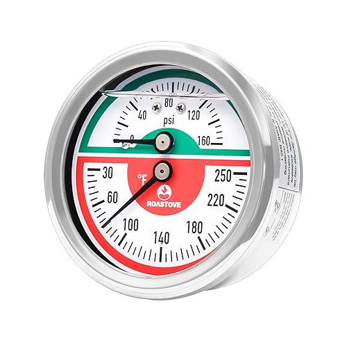 Roastove Tridicator, Termo-manómetro, 2-1/2", lleno de aceite de silicona, 0-160psi/30-250 grados F, carcasa de acero inoxidable, 1/4" NPT de