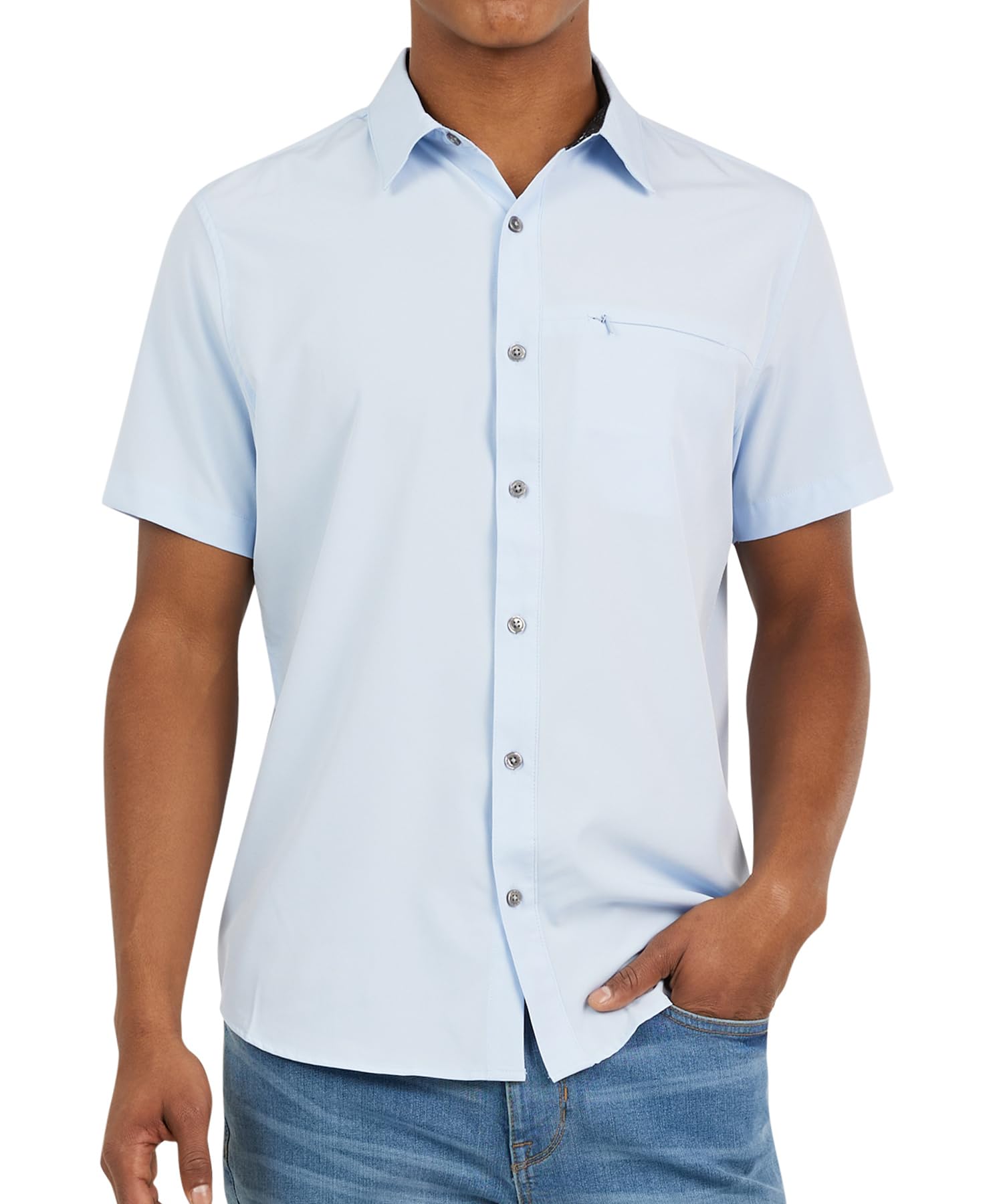 DKNY Mens Short Sleeve Button Down Shirts - Quick Dry Shirts for Men | Wrinkle Resist Stretch Mens Button Up Shirts, Skyfall, S