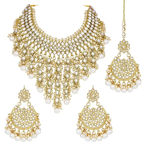 Image of Peora Kundan & Beads Studded Necklace Earrings & Maangtikka Set Ethnic Jewellery for Women & Girls
