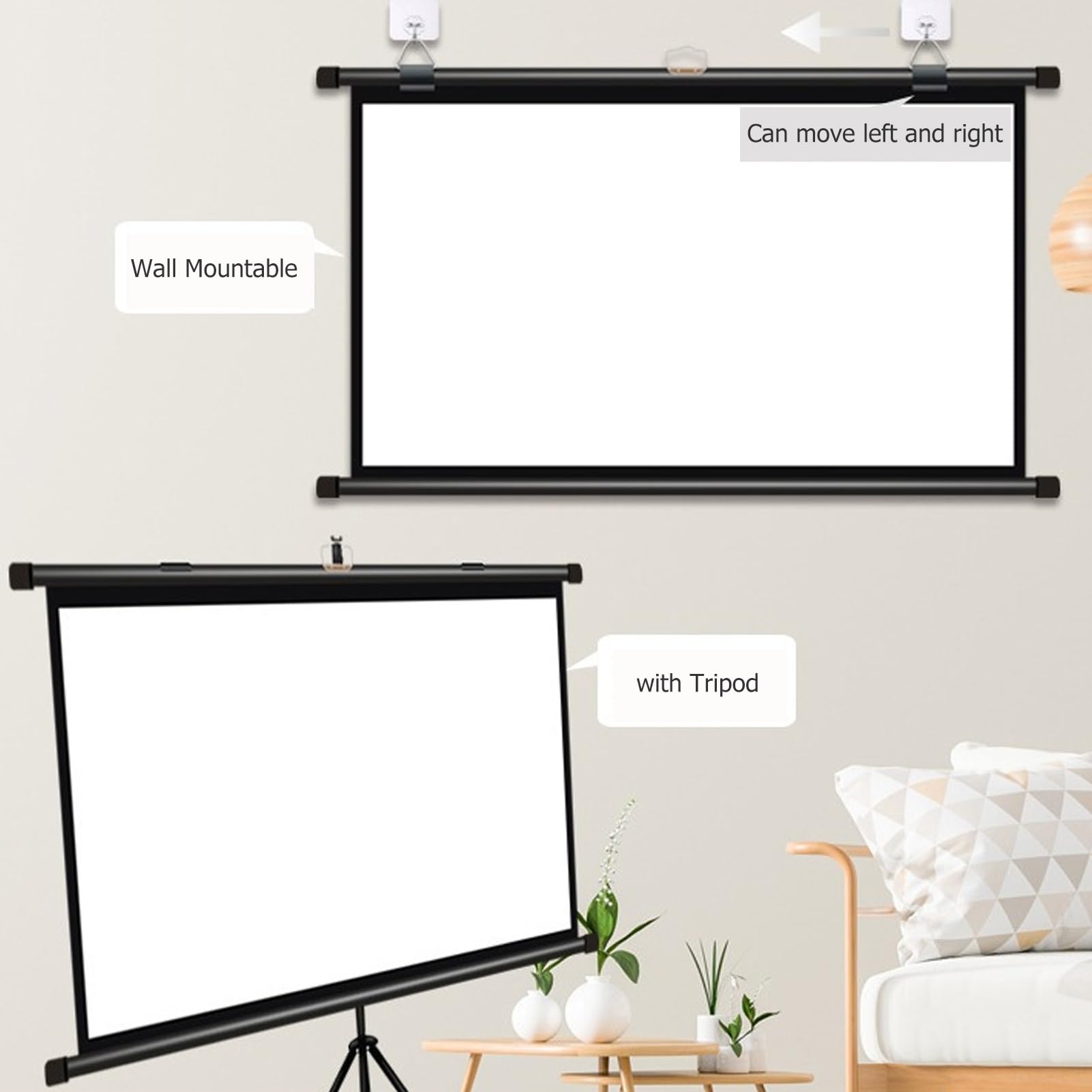 Schermo Proiettore con Treppiede, 4K HD Formato 16:9 Telo per Proiettore Leggera e Compatta, Grandangolo di 160 Gradi, per Casa, Home, Cinema, Esterno