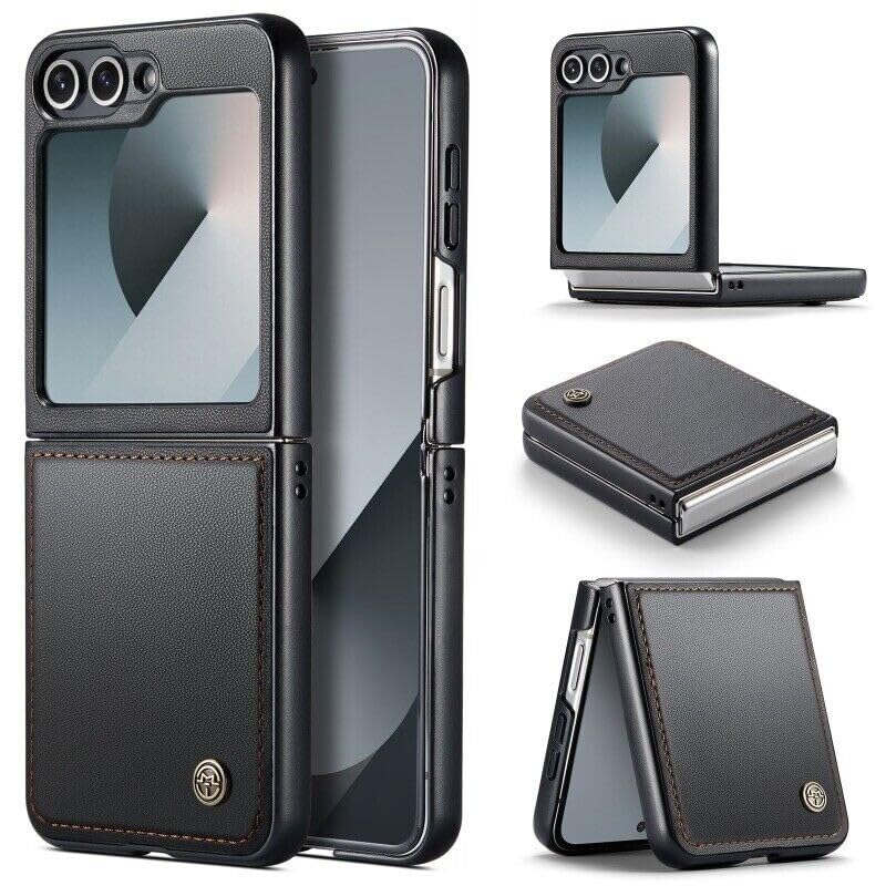 Samsung Galaxy Z Flip 7 coque noire en cuir à rabat pour le quotidien