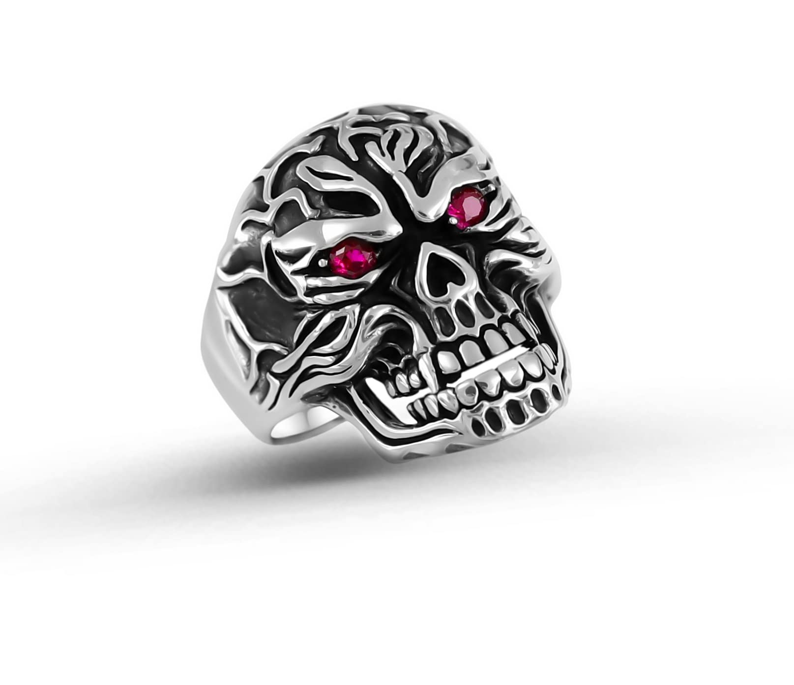 Solid 925 Sterling Silver Ruby Color Red Eyes Retro Gothic Biker Skull Luxury Men's Ring