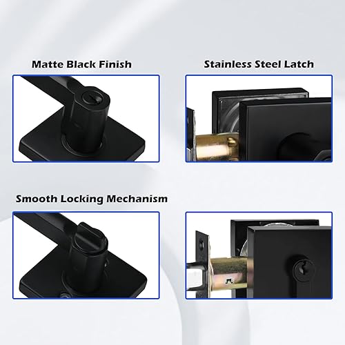Miniatura 5 de NEWBANG Paquete de 3 unidades cuadradas de entrada con llave de alta resistencia con cerrojo y manija de puerta de palanca en negro mate (para