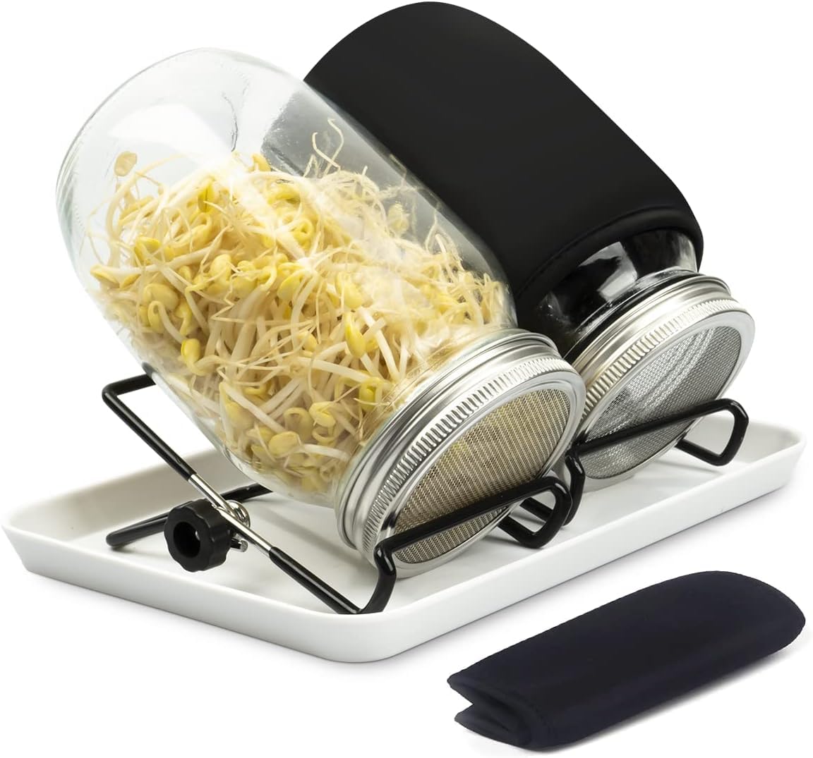 Sprouting Jar Kit-2 Pcs mouth Mason jars with sprouting lids with mesh screens,sprouting jar stands and a tray, Brush-Seed Sprouting Kit For Growing Mung beans,Broccoli And So On (2 Blackout Sleeves)