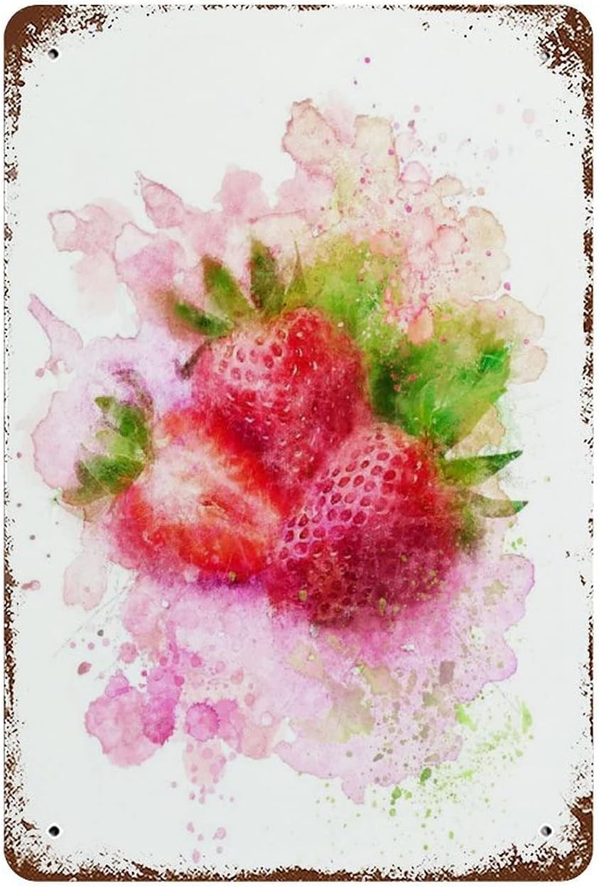 rayprint Strawberry Watercolor Antique Tin Sign Berry Art Fruit Decor Modern Wall Decor Retro Plaque For Kitchen Decor Food Art Garden Plant Botanical Art Biology 8x12inch
