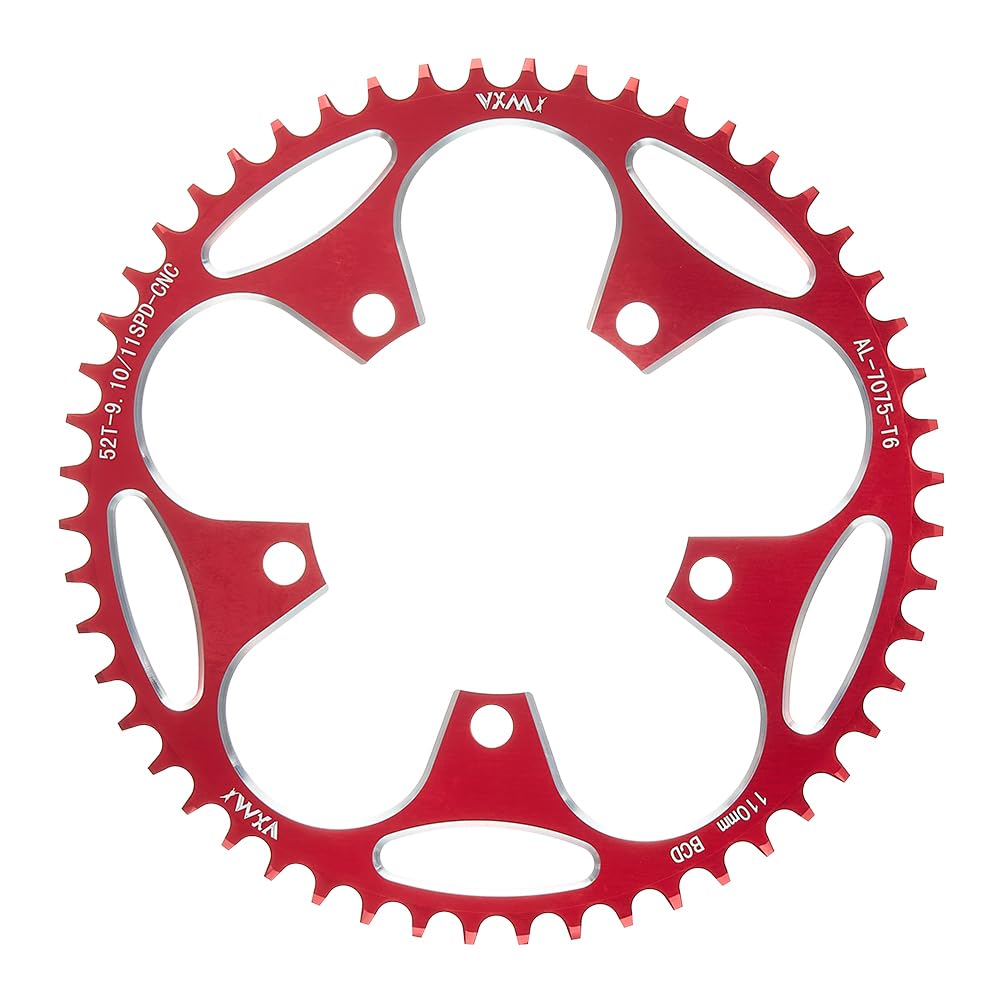 KTKEET 110/130BCD Chainring 36/38/40/42/44/46/48/50/52/54/56/58/60T Round Narrow Wide Chainring 5 Bolts Bicycle Chainwheel for 8-12 Speed Road Bike Folding Bicycle (Red,110BCD 52T)