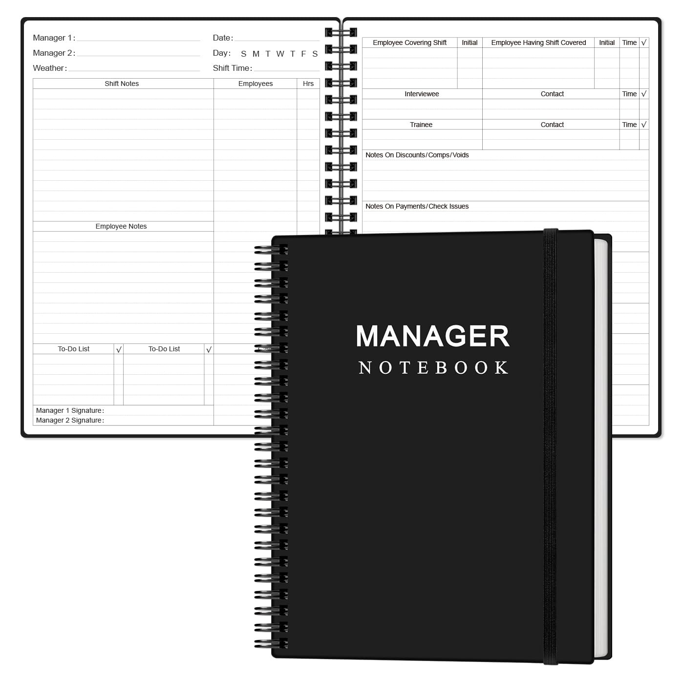 Heveboik Manager Notebook - Manager's Log Book Planner Management Logbook, Spiral Bound, Inner Pocket, 8.2'' X 10.5", Black