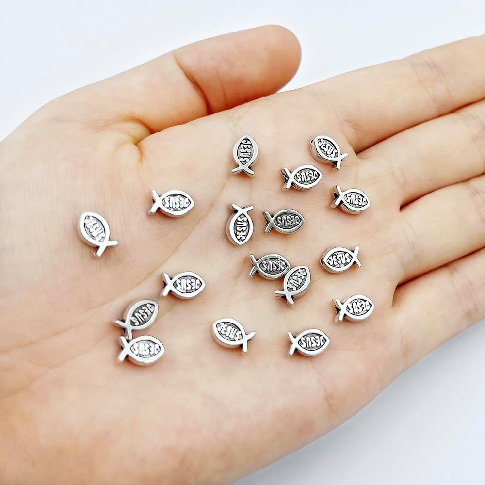 100pcs Tiny Jesus Fish Beads - Antique Silver, 0.8x0.45cm, Mini Fish Shaped, Metal, DIY Crafts Supplies - Image 2