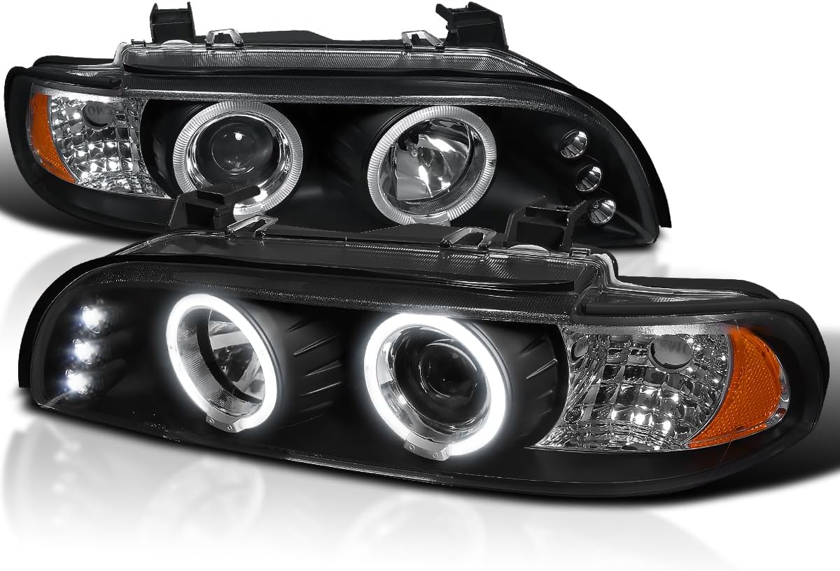 SPEC-D TUNING LED Dual Angel Eyes Projector Headlights Black Compatible with 1996-2003 BMW E39 5-Series Models Without OE Xenon Headlights, Left + Right Pair Headlamps Assembly