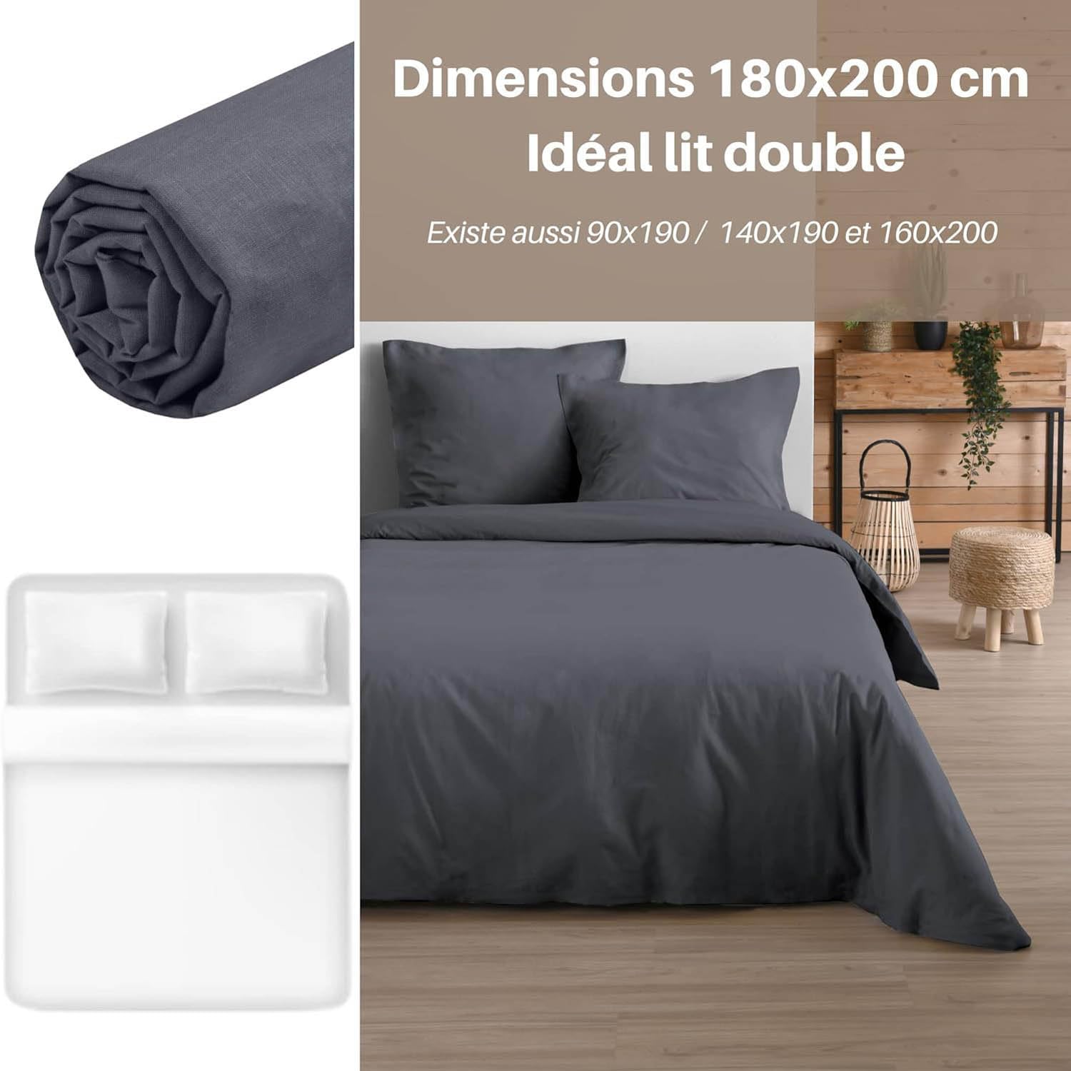 Lovely Casa, Fitted sheet, Size 180 x 200 cm, Large 30 cm, 100% Oeko-Tex certified cotton, Slate colour, Eden model - Image 3
