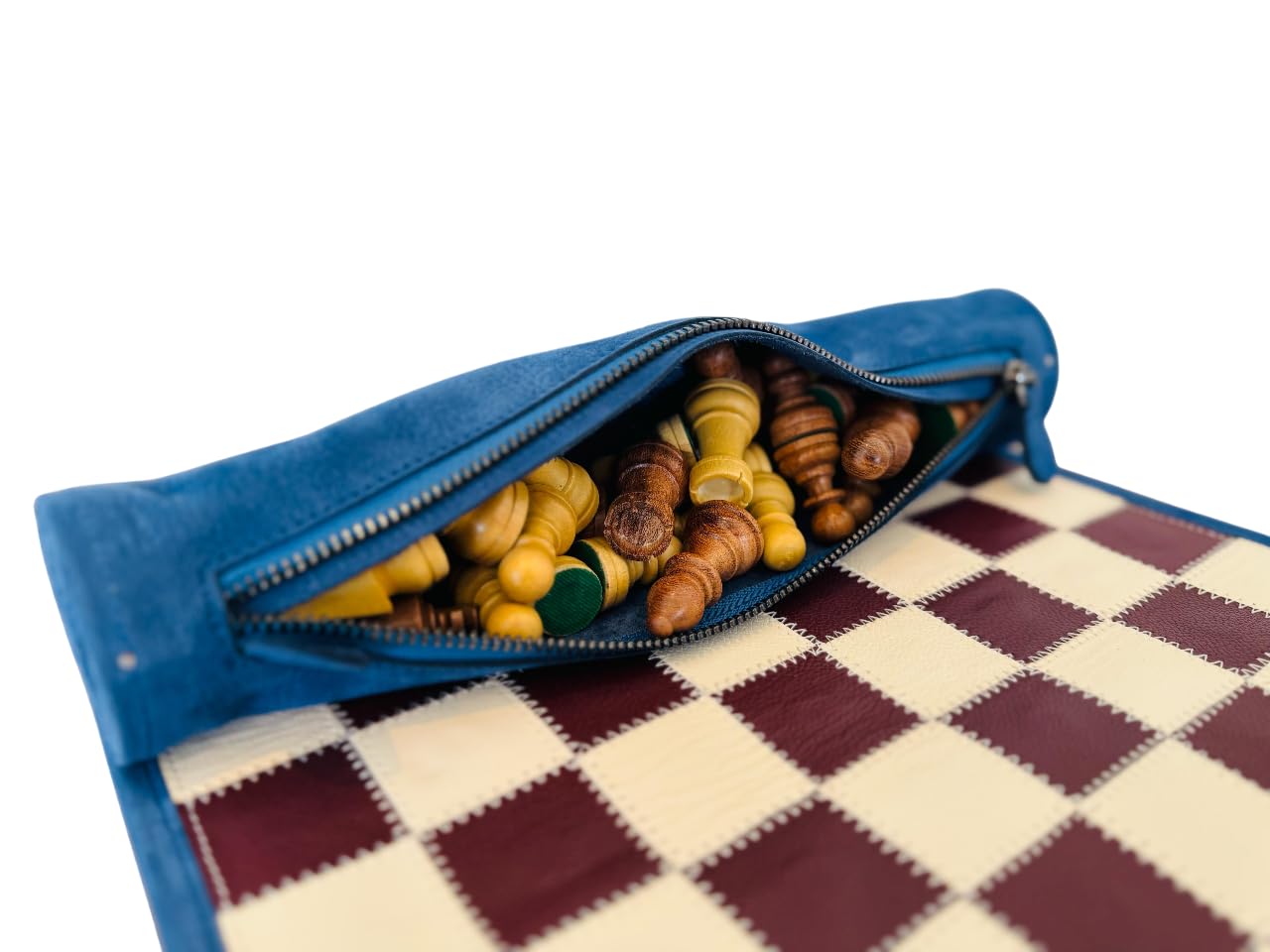 Melia Outlet Magnetisches Schach – Rollbares Luxus-Schachspiel aus Echtleder (B-Ware oder Restposten) | Handgefertigtes Reiseschach mit Holzfiguren - Les Bleus