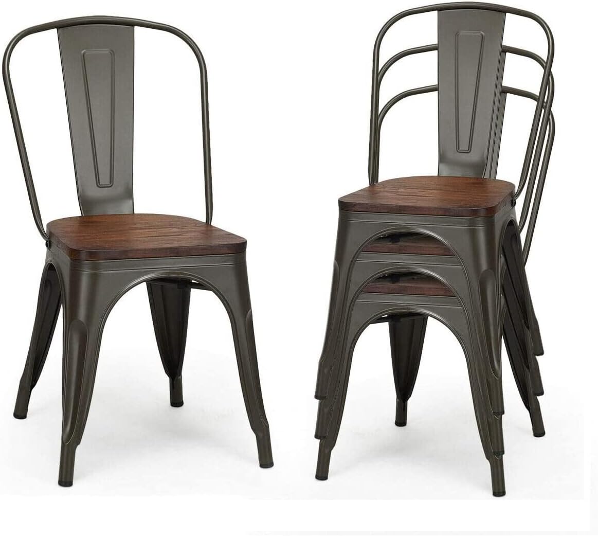 S AFSTAR 18 Inch Dining Chair Set of 4, Stackable Metal Chairs w/Wood Top Seat, Bistro Cafe Side Chair w/High Backrest for Kitchen Patio Restaurant Indoor (Gun Color)