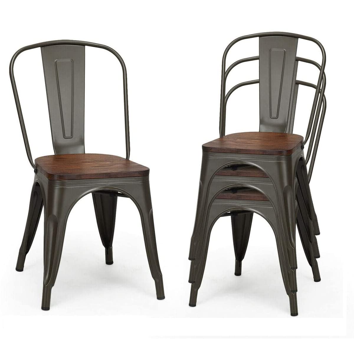 S AFSTAR 18 Inch Dining Chair Set of 4, Stackable Metal Chairs w/Wood Top Seat, Bistro Cafe Side Chair w/High Backrest for Kitchen Patio Restaurant