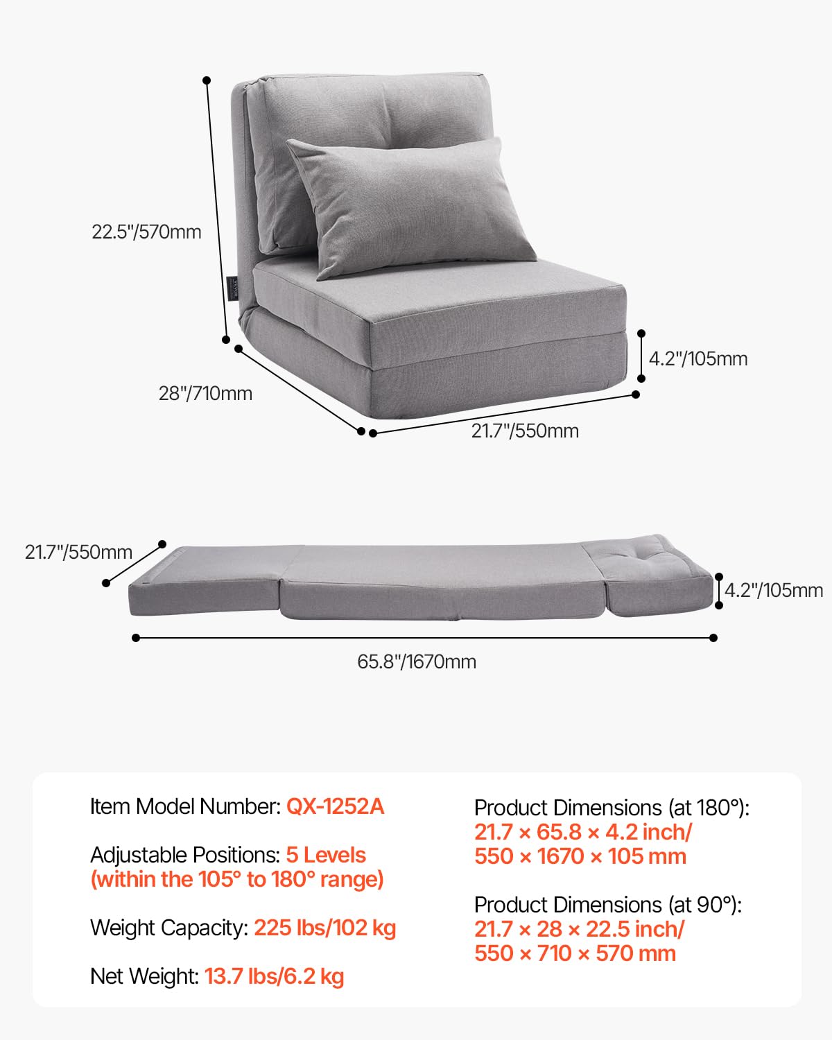 VEVOR Chaise de Sol Pliante, Fauteuil de Sol à 5 Positions réglables, canapé-lit rembourré Pliable avec Dossier réglable, Cadre en métal et Oreiller, Fauteuil Convertible pour Salon, Chambre, Gris