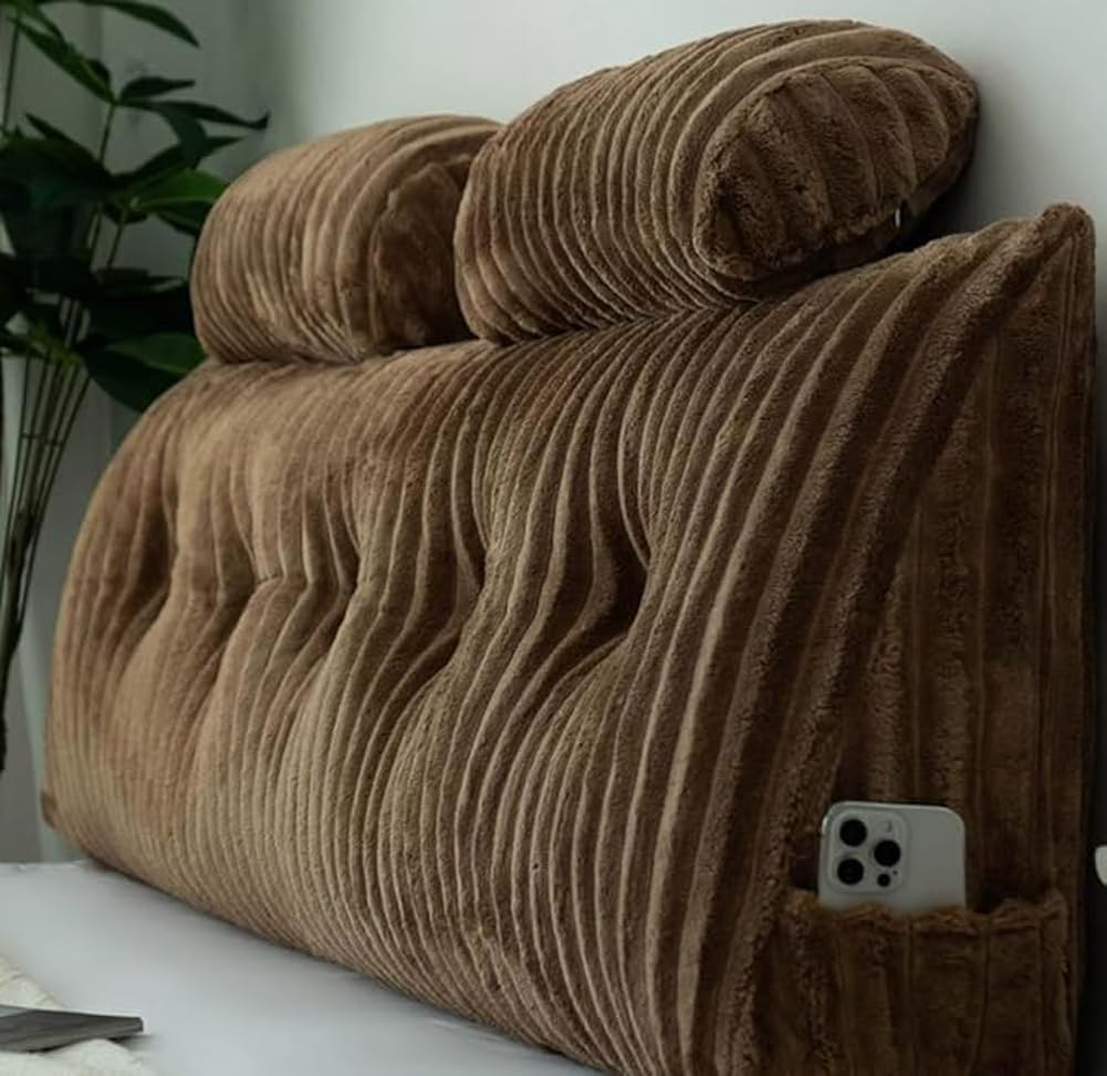HEANCRIE Heavy Duty Headboard Pillow,Faux Fur Backrest Bolster with 2 Neck Pillow for Mattress Gap,Body Positioning Wedge Reading Cushion,Washable Lumbar Support Pillow (Coffe,150X50X20CM)