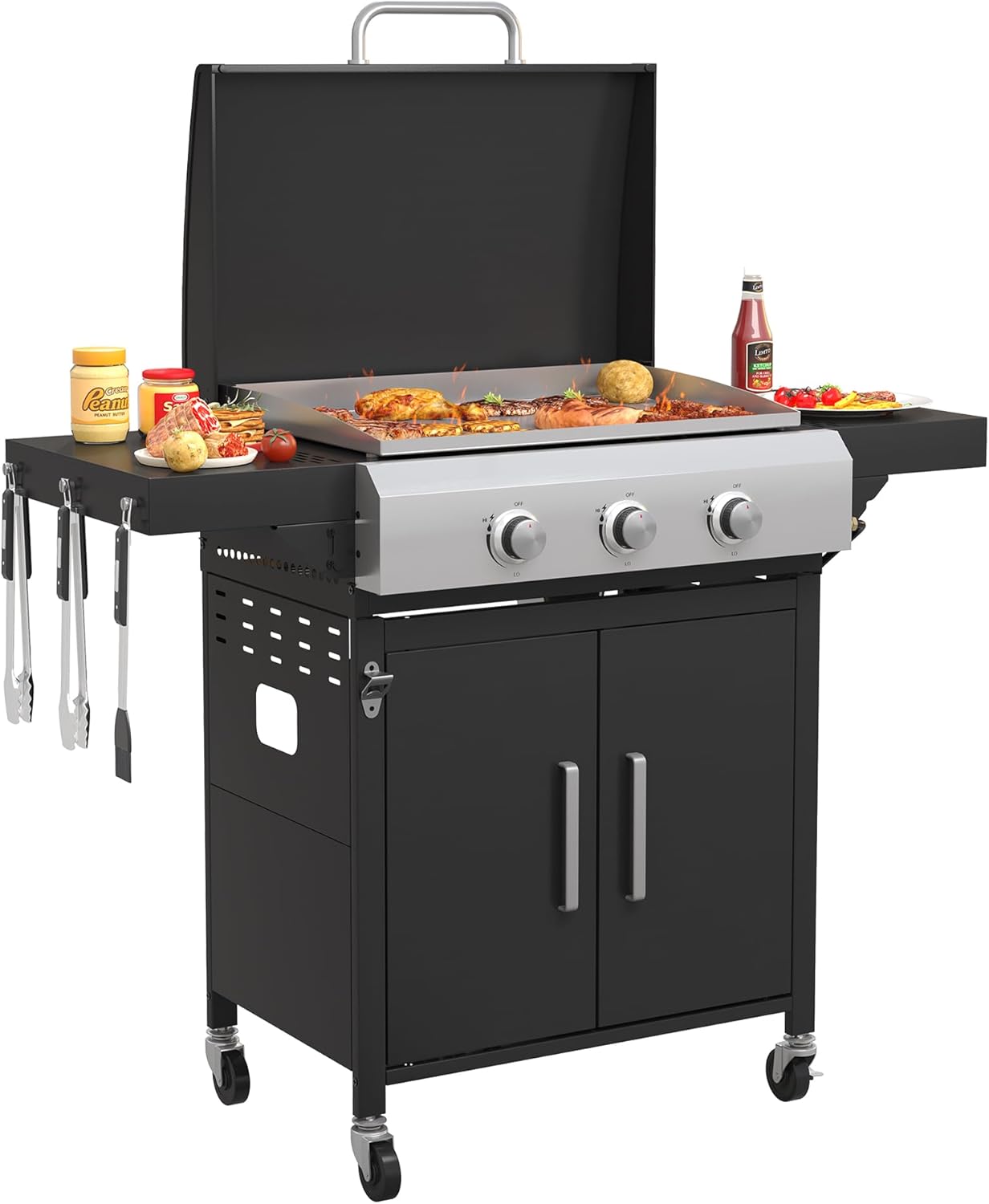 VICLLAX 4-Burner Propane Gas Grill with Porcelain-Enameled Grates, 545 sq. in XL Cooking Space, Easy-Clean Drip Tray & Storage Cabinet, Heavy-Duty Outdoor BBQ Grill for Backyard Parties