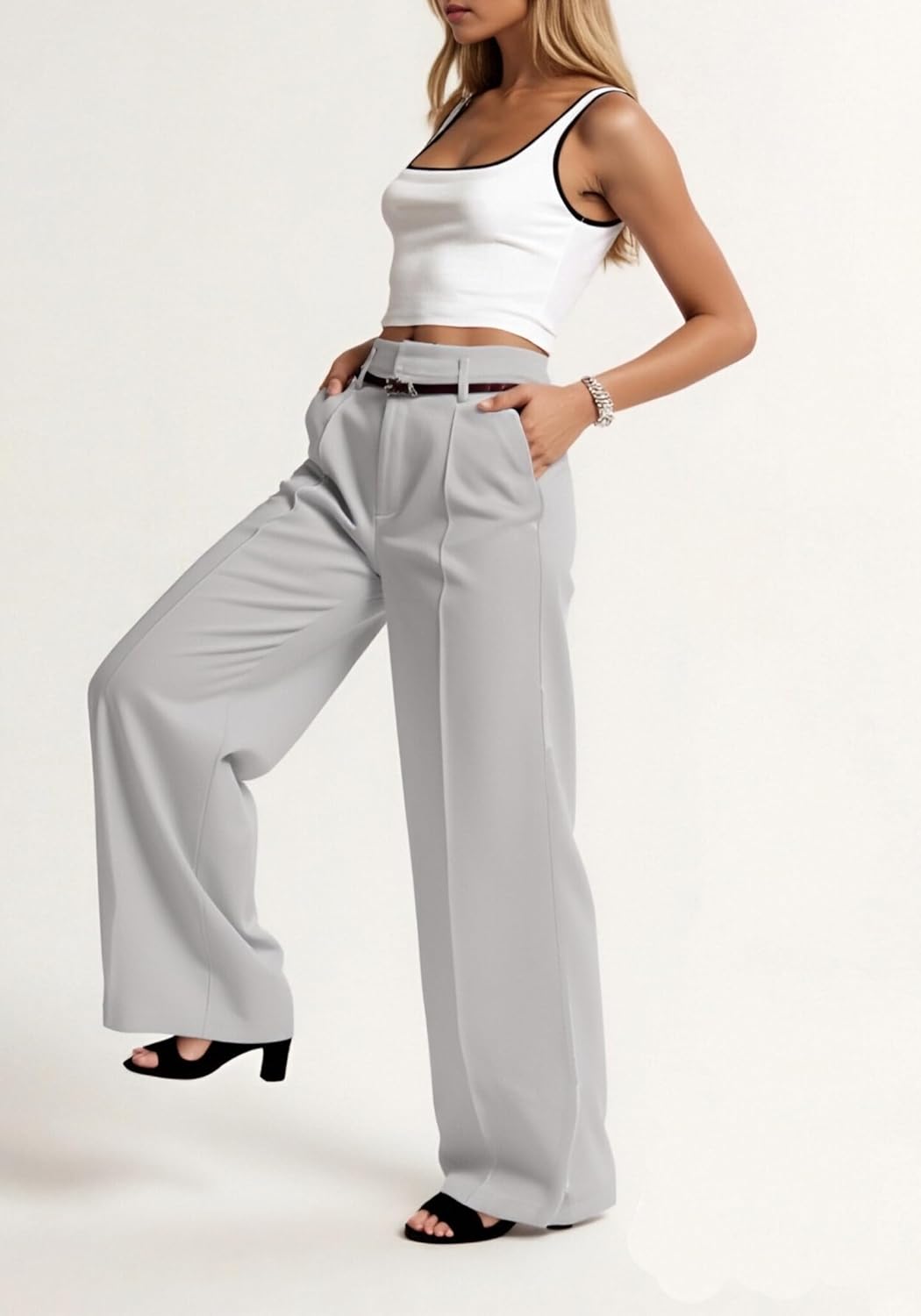 Womens Wide Leg Dress Pants Straight Wide Leg High Waisted Trousers Casual Business Work Slacks with Belt - Image 6