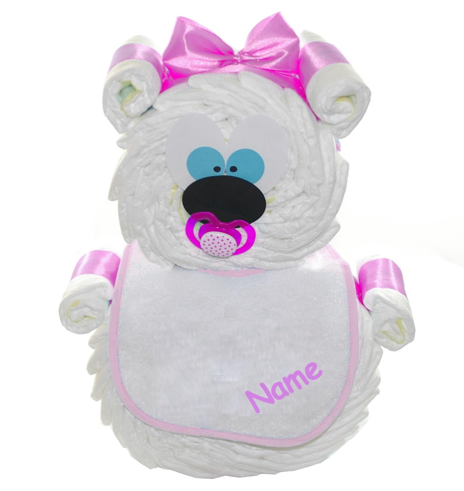 Große Windeltorte Windelbär für Baby | optional Lätzchen mit Name bedruckt | Geschenk zur Geburt, handgefertigt (bedruckt)