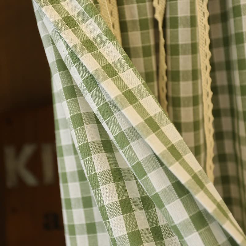 A.Monamour Tenda Corta per Finestra Piccola In Cotone Verde A Quadri Quadretti Scacchi Pizzo Ricamato Con Fiocchi Opaco Tendina Cucina Bistrot Caffè Mezza Mantovana Tenda a Vetro a Pannello Porta