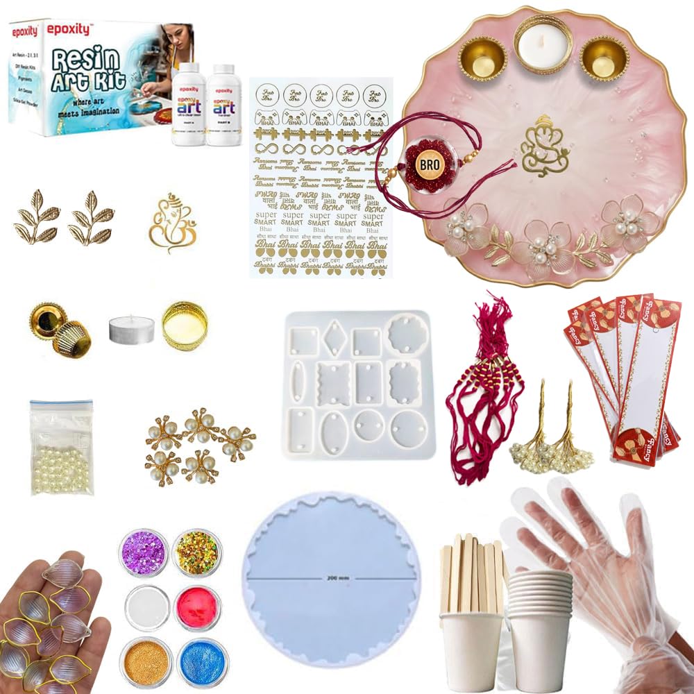 Epoxity Resin Diy Kit For Rakhi And Pooja Thali Includes 300G 2:1 Epoxy Resin, 8" Agate Mould With Glitter, Pigments Rakhi Moulds, Transparent (Multicolor)-image-32