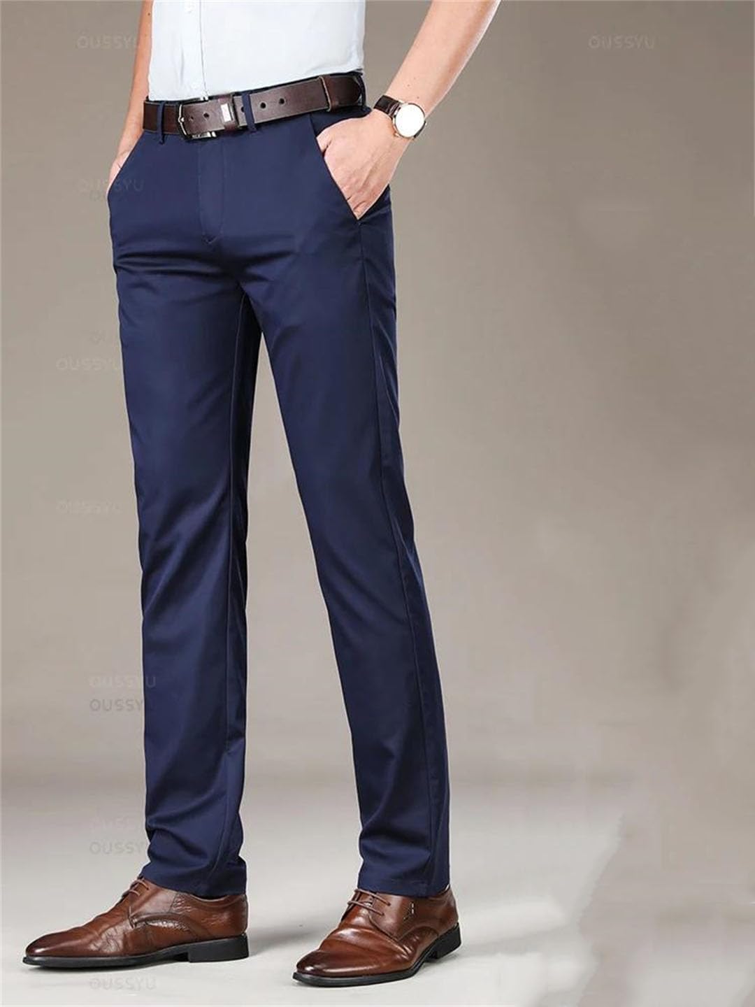 Men's Solid Mid-Rise Summer Thin Soft Long Straight-Leg Business Suit Pants