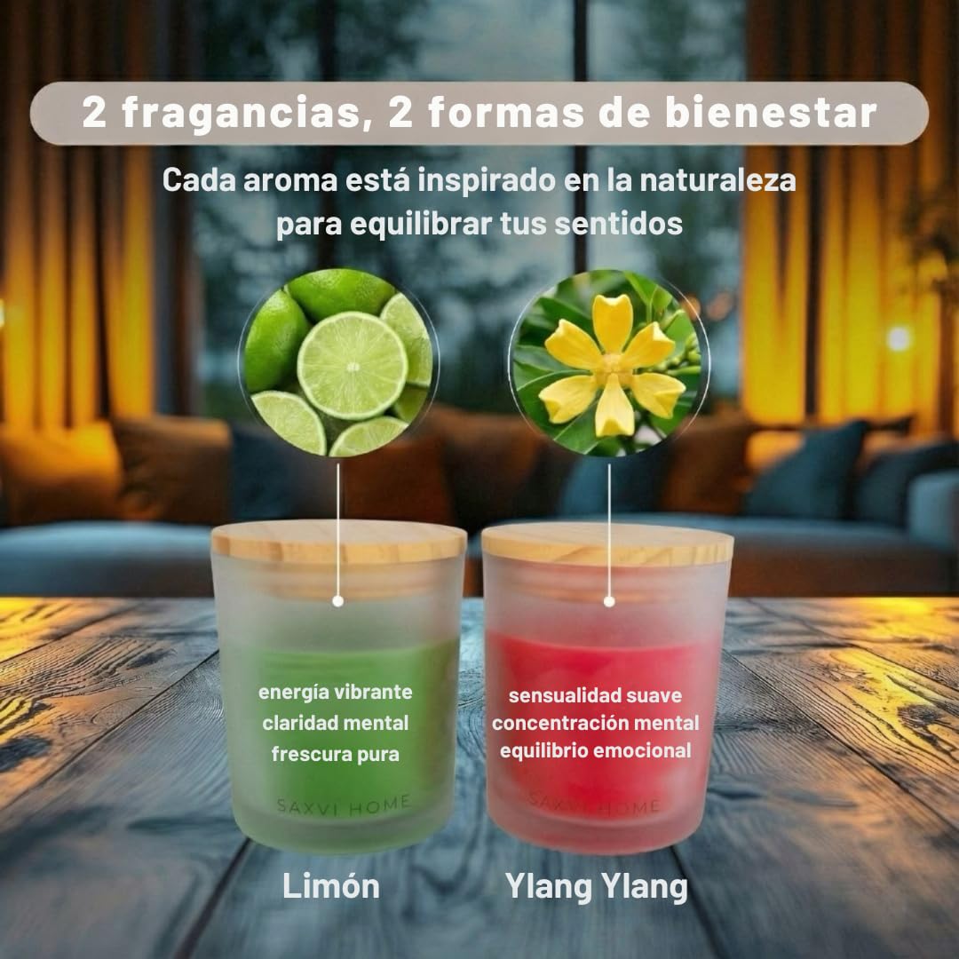 Set 2 Velas Cera de Abeja SAXVI HOME - 70 h (Limón y Ylang Ylang) | Velas Aromáticas Artesanales, Aceites esenciales ecológicos, combustión limpia, vaso de cristal, pack regalo mujer
