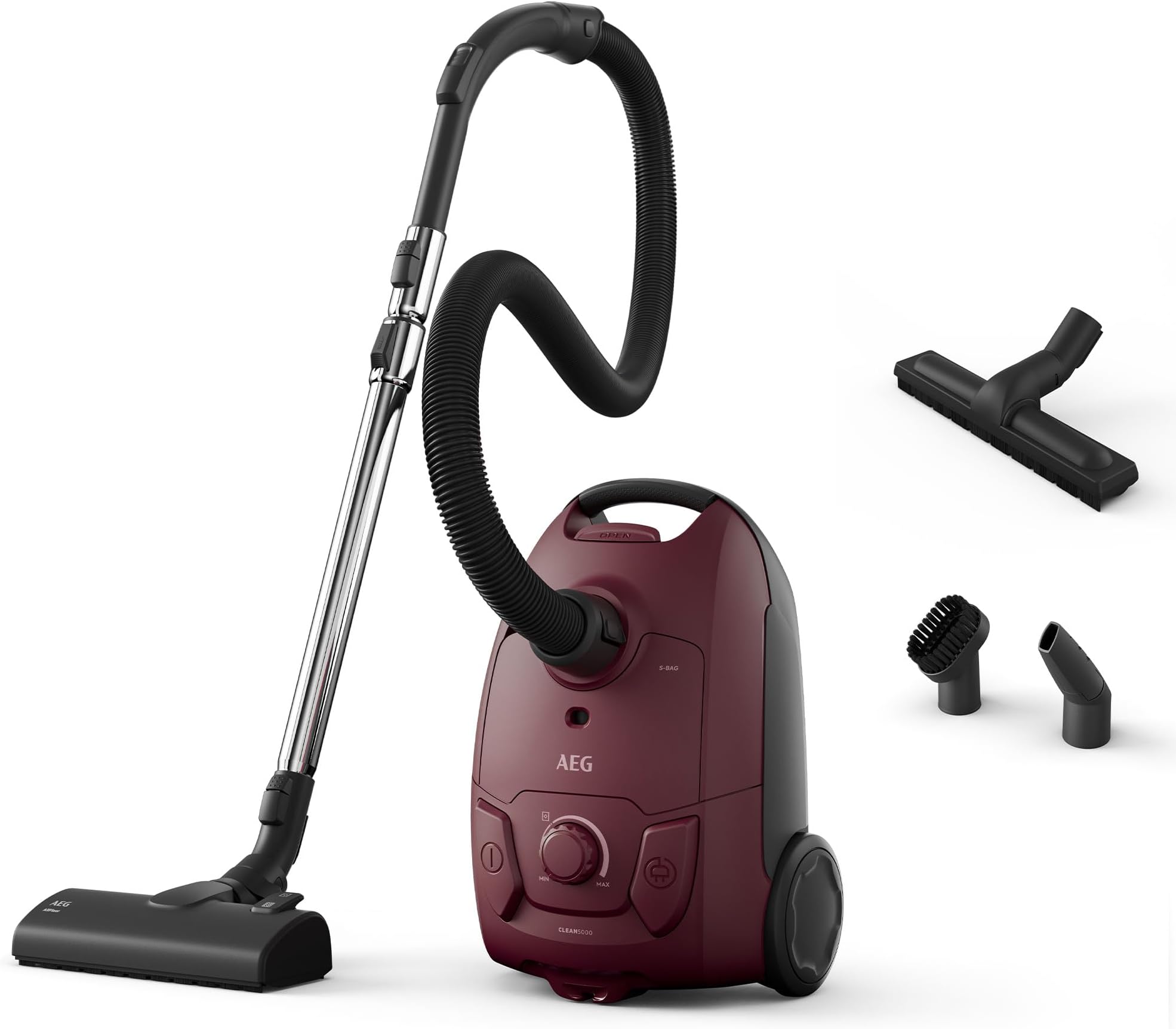 AEG 5000 Series Bagged Cylinder Vacuum Cleaner AB51C2DR, Strong Suction Power, 3L Dust Capacity, Ergonomic Design, High Filtration System, For Hard Floors & Carpets, Dustbag Full Indicator, Dark Red
