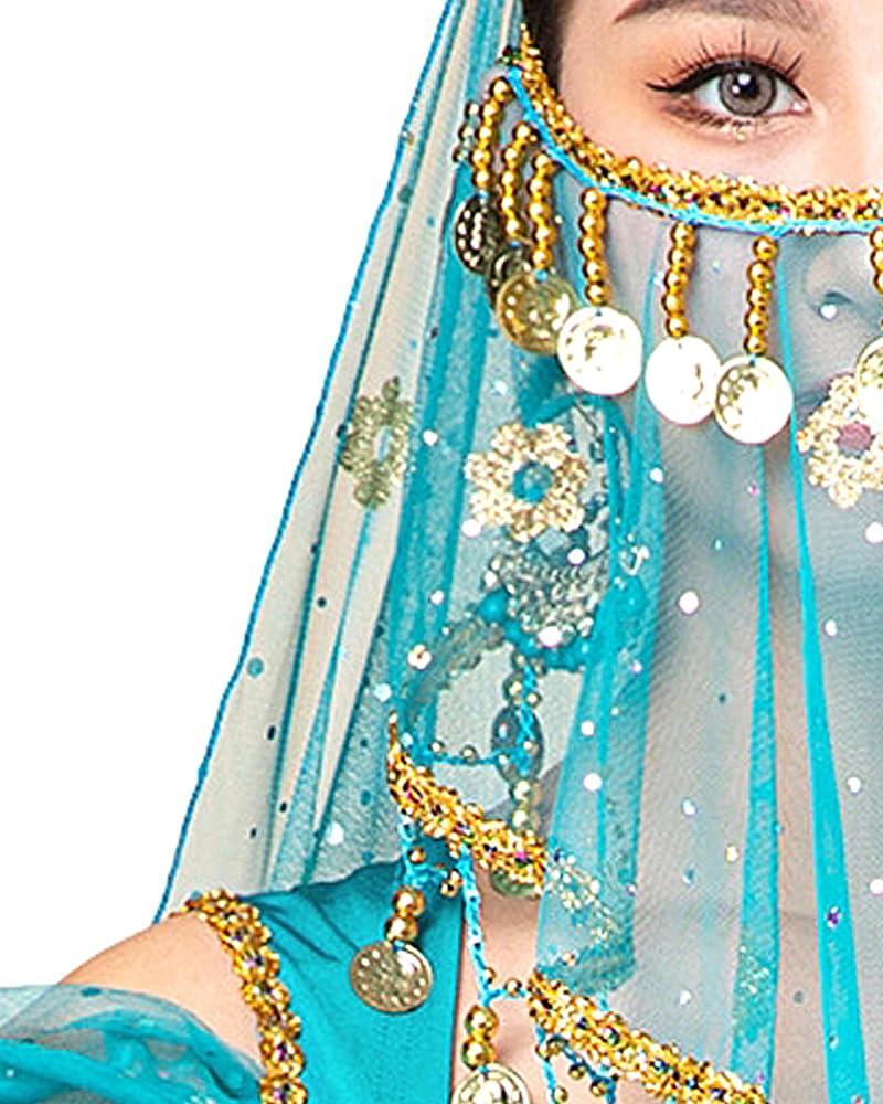 Grouptap Arabic turkish womens adult belly dancer beads coin face veil mask arabian halloween costume (M, Round Blue) - Image 3