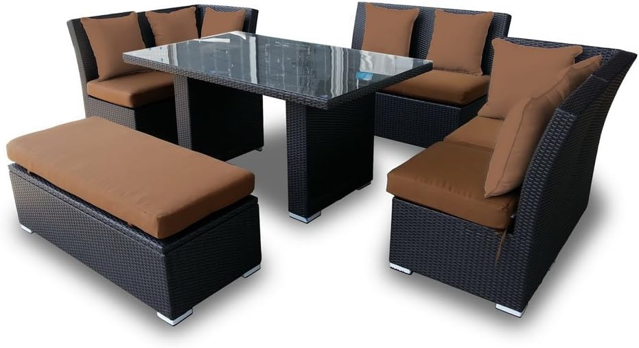 Jamaican Outdoor Wicker Patio Furniture Sofa and Dining Set Combination in Brown Wicker with Brown Cushions