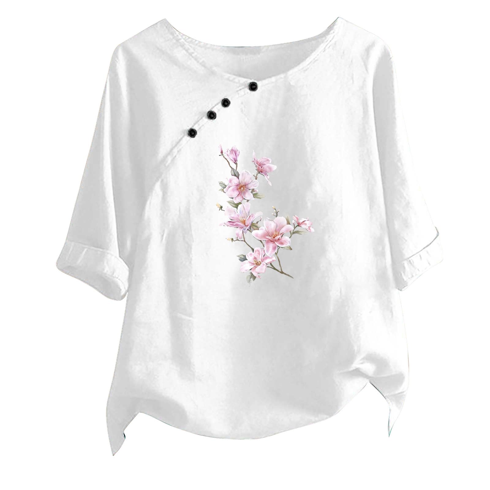 NUSGEAR Camiseta de Manga Corta Mujer Algodón y Lino Camisa Blusa Verano Estampado Floral Moda Cómodo Casual Suelto Cuello Redondo Tops 2024 T-Shirt Original Basic tee Talla grande Ligero