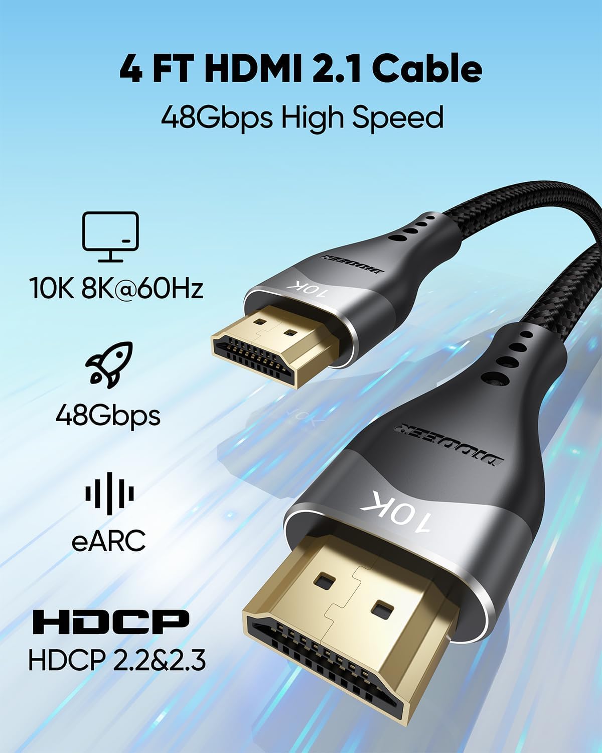 HDMI-Kabel, 120 cm, 10 K, 8 K, 4 K, HDMI 2.1 Kabel, 48 Gbit/s, Ultra-High-Speed-HDMI-Kabel, geflochten, 8K @ 60 Hz, 4K @ 120 Hz, eARC, HDR10+, HDCP2.3 für Laptop, Monitor, HDTV, Projektor, PS5