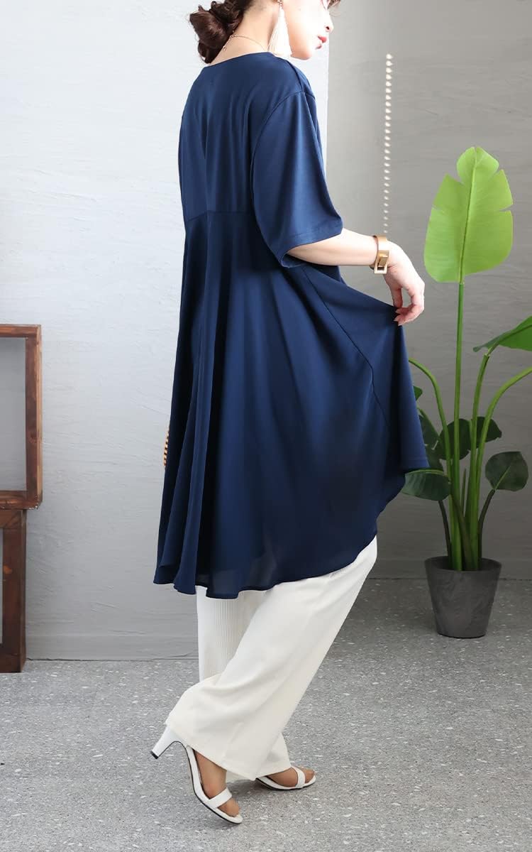 [ゴールドジャパン] 大きいサイズ レディース チュニック 半袖 Vネック ロング テールカット 異素材