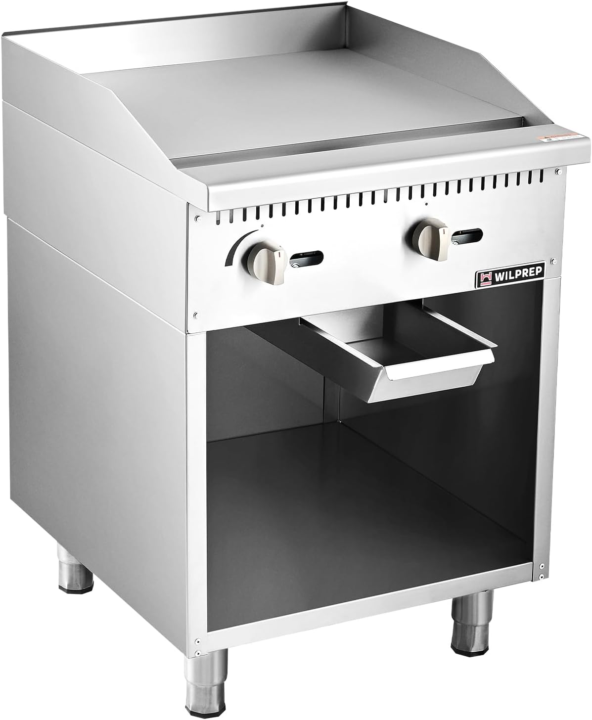 WILPREP Commercial Gas Griddle with Cabinet Base, 24 in Natural Gas Griddle with 2 30000 BTU Burners, Stainless Steel Griddle for Commercial Kitchens, NG LPG Convertible