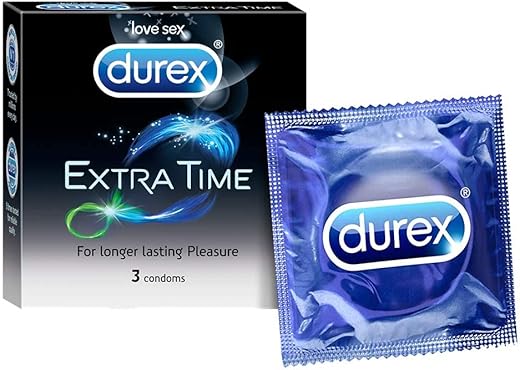 Durex Extra Time Condoms for Men – 3 Count | Performa Lubricant for Long Lasting Climax Delay | Suitable for use with lubes & toys