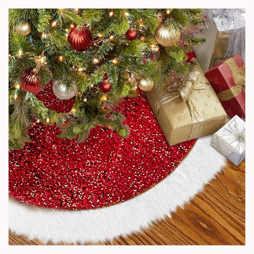 Christmas Tree Skirt, 48 inches Large Sparkling Red Sequin with White Faux Fur for Christmas Decorations Home Indoor Tree,Thick Plush Xmas Tree Skirt Decoration Set (Red)