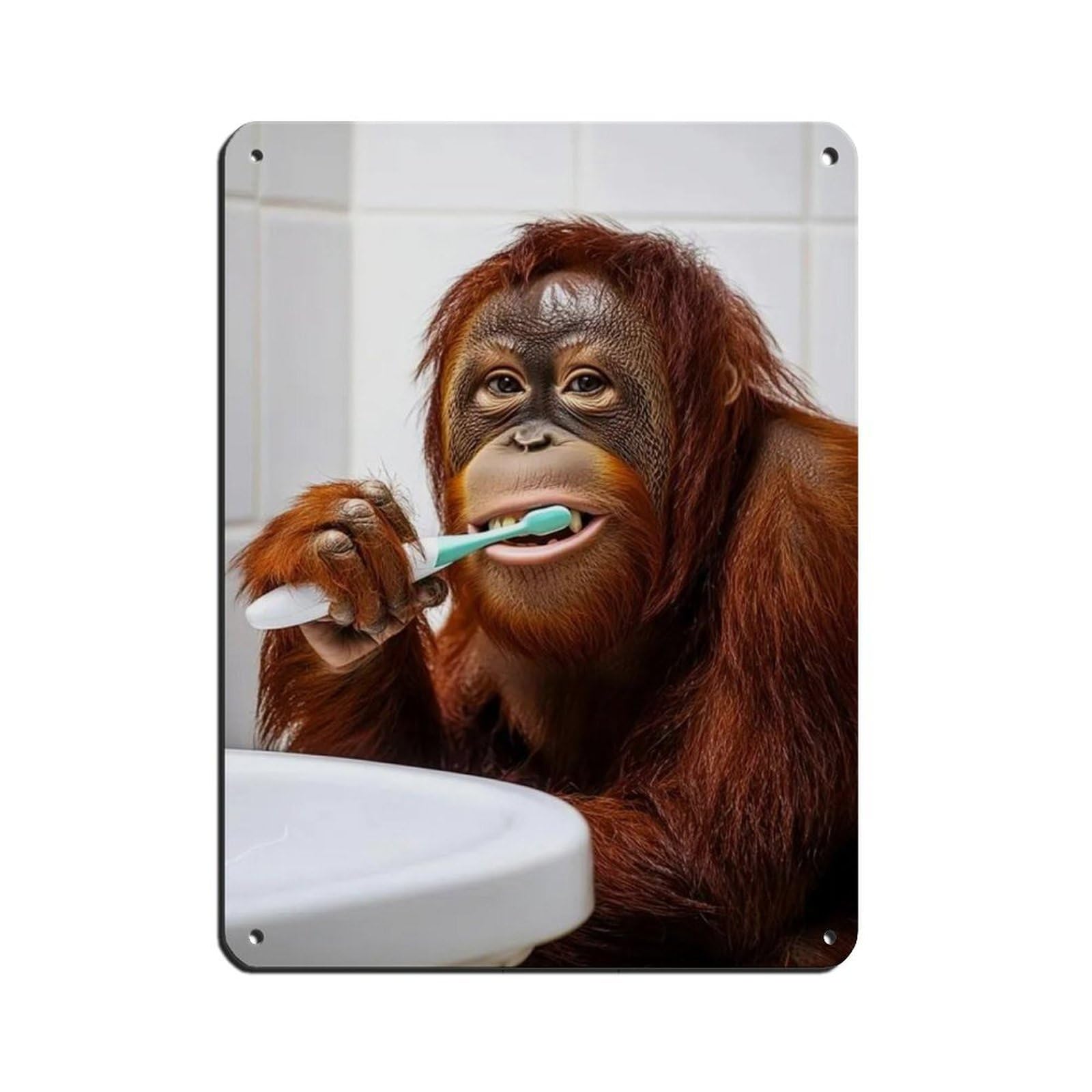 Orangutan Brushing Teeth, Funny Bathroom Art Tin Sign Vintage Metal Pub Club Cafe Bar Home Wall Art Decoration Poster Retro 12x16inch(30x40cm)