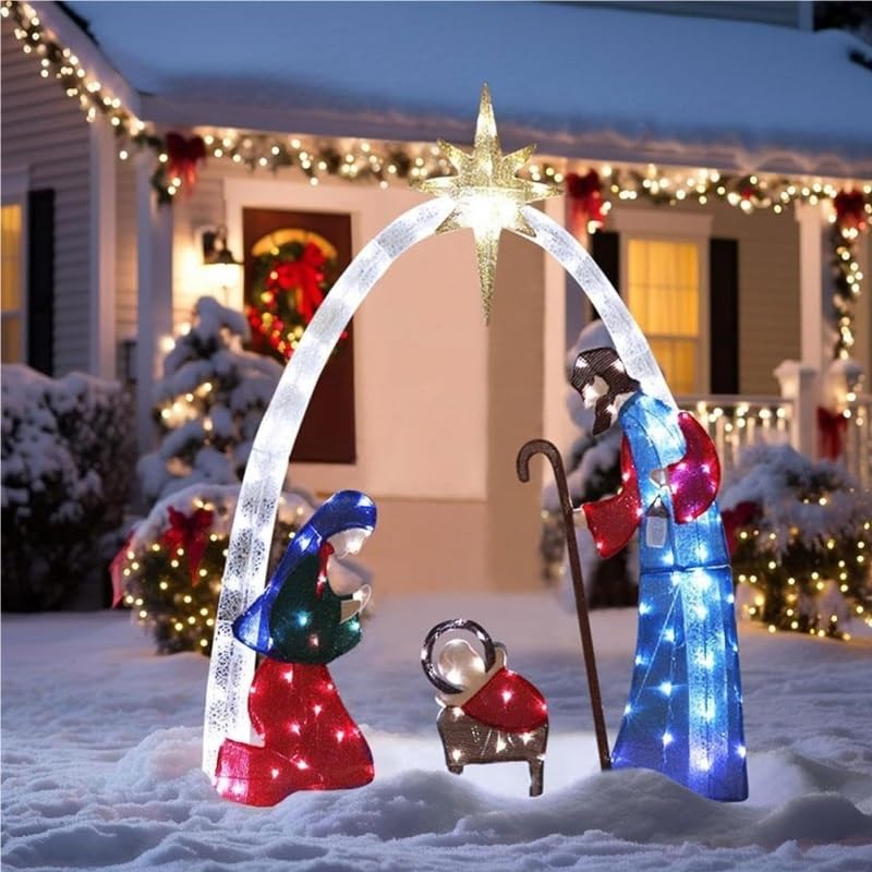Décoration de Noël extérieure illuminée Crèche, ensembledécorationjardin Noël illuminée, extérieur avec 150 lumières LED pour décorationvacances, Jardin, pelouse(5,5 Pieds)(Blue)