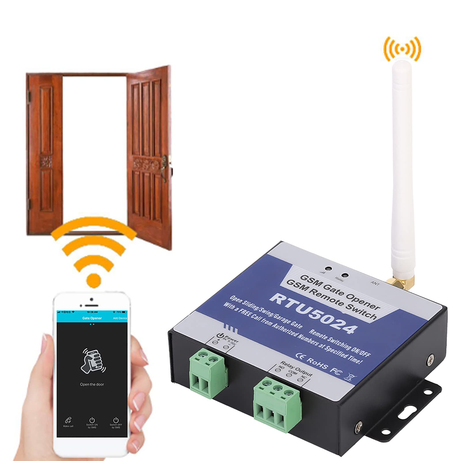 Kit de Abridor de Puerta Automático, RTU5024 Actualización GSM Abridor de Puerta Interruptor de Relé Control Remoto Inalámbrico Abridor de Puerta DC 9-24V para Puertas,(RTU5024 versión mejorada)