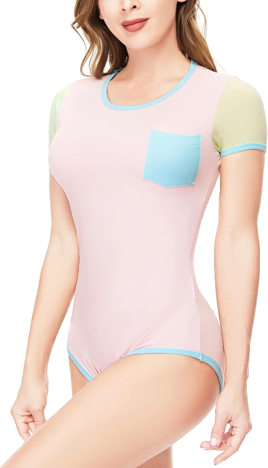 CutiePlusU Cotton Button Crotch Bodysuit Adult Romper Onesie Pajamas Splicing Style