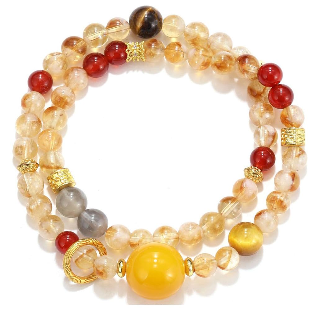 Bracciale in Cristallo a Sei Pietre: Quarzo Giallo, Agata Gialla, Agata Rossa, Occhio di Tigre Giallo, Occhio di Tigre Dorato e Gioielli con Perline di Pietra Luna Grigio Argento