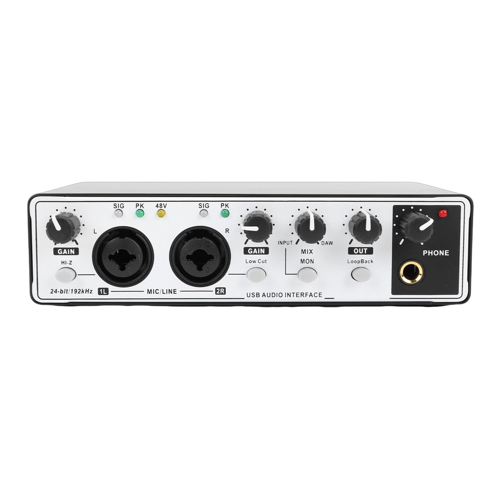 Jectse Interfaz de Audio USB C para Grabar Música, Entrada XLR de 24 Bits, 192 KHz, Fuente de Alimentación Fantasma de 48 V con Salidas de 2 X 1/4 pulg. (6,35 mm), para Grabar Podcasts en (blanco