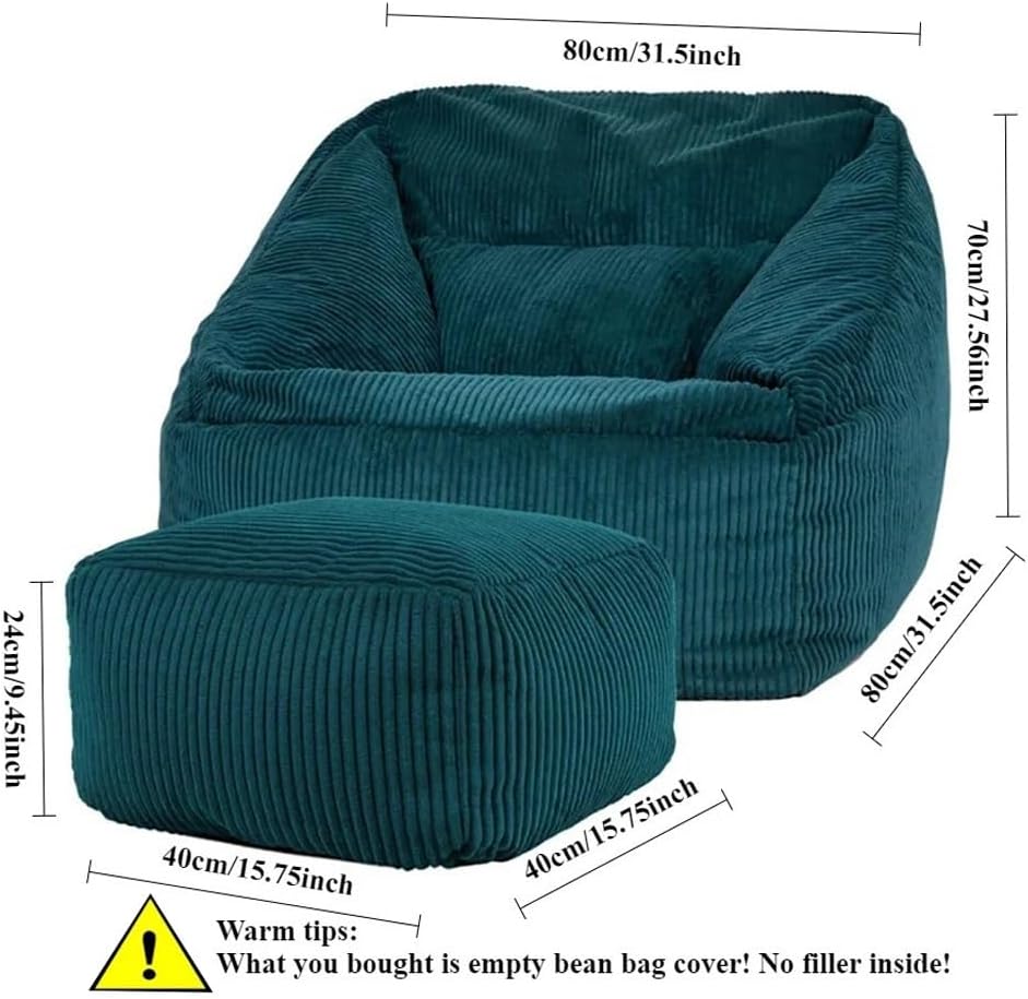 SXBCyan 1-seat Thick Corduroy Bean Bag Chair Bean Bag Cover Soft Pouf Ottoman No Filler Kids Adults Beanbag Chair Lazy Armchair Couch Floor Seating Frameless Furniture(Beige White,Single Cover)