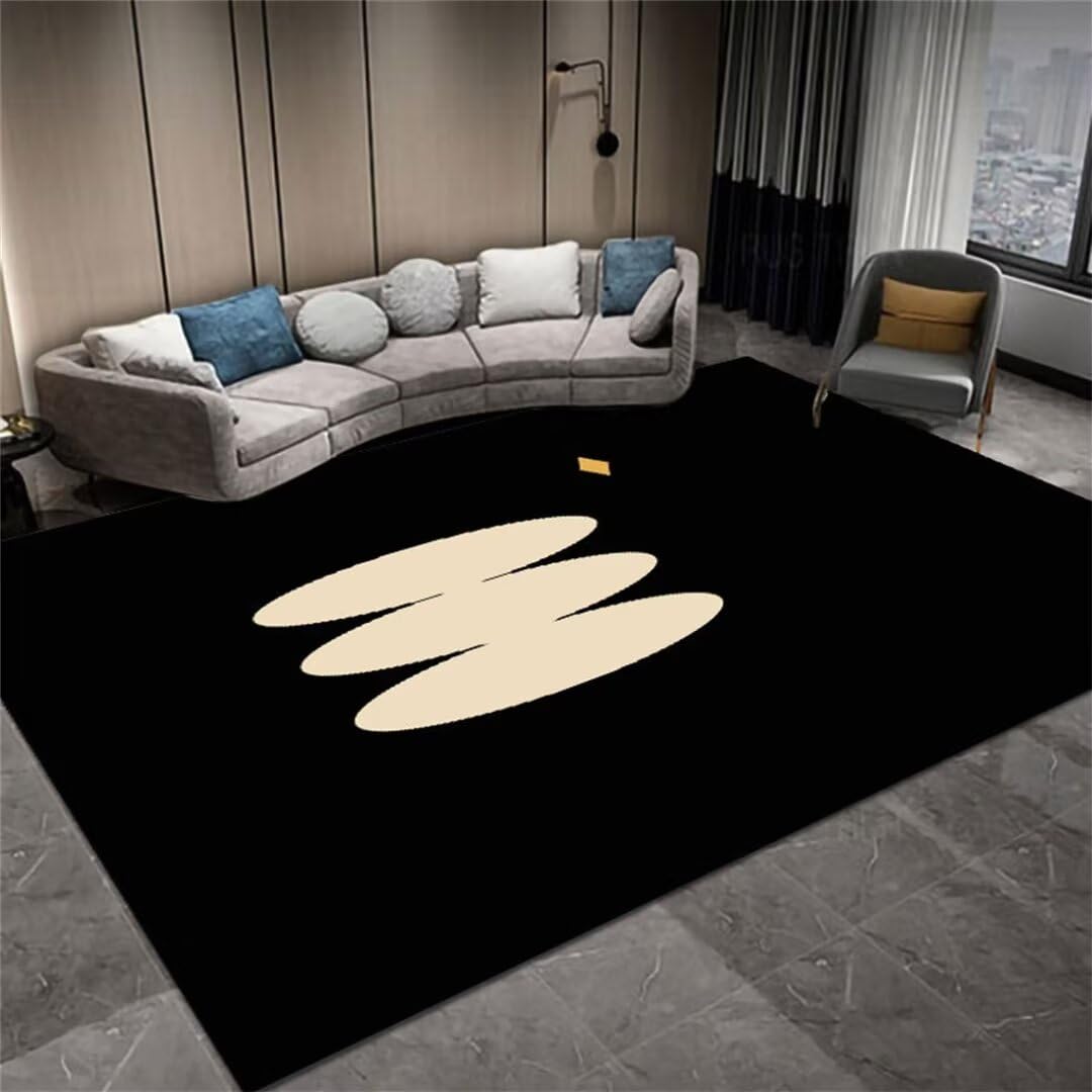 Tapis de salon lavable et grand tapis extérieur noir motif ovale