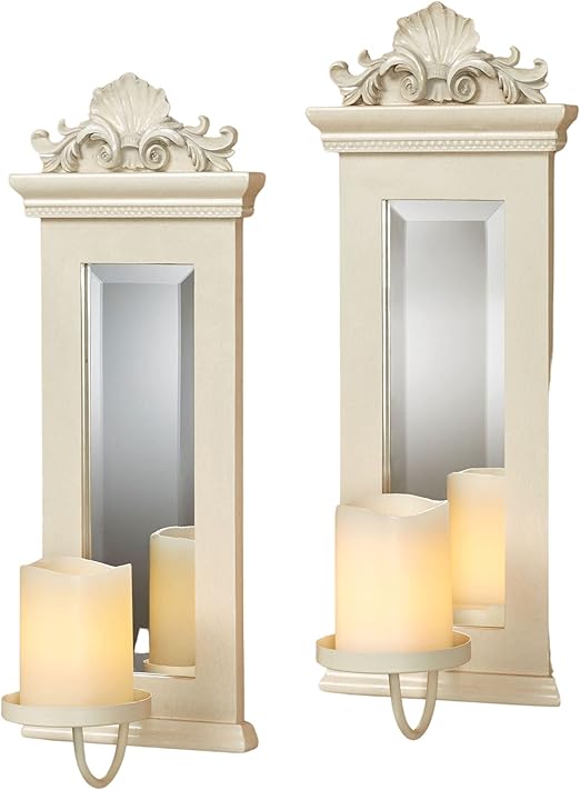 Acanthus Mirrored Wall Sconces Ivory Set of Two Beveled